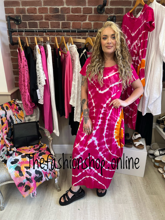 Sophia hot pink and orange tie dye cap sleeve magic dress 12-20