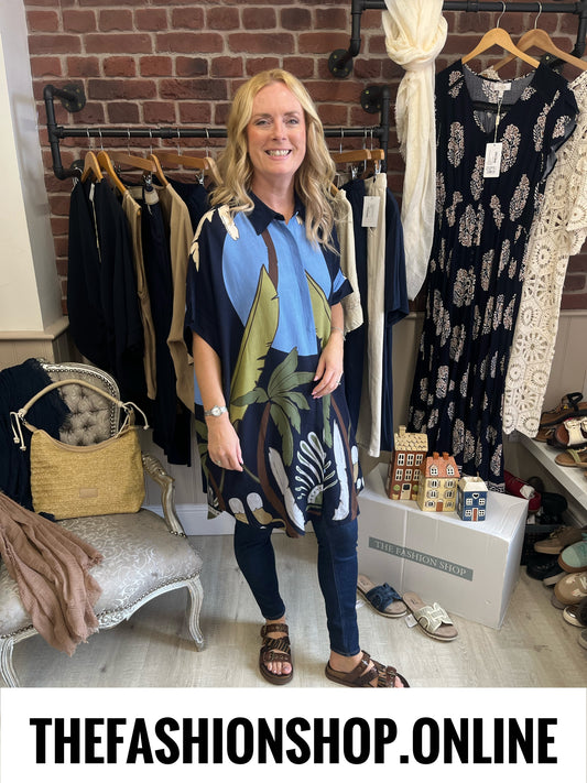 Fly Out Scenic Palm Tree Linen Mix Shirt in Navy 12-18