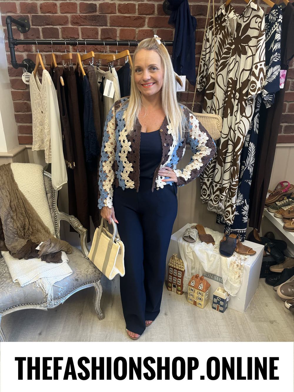 Liv brown, blue and cream crochet cardigan 8-10 and 12-14