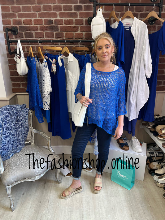 Royal blue popcorn open knit top 10-20