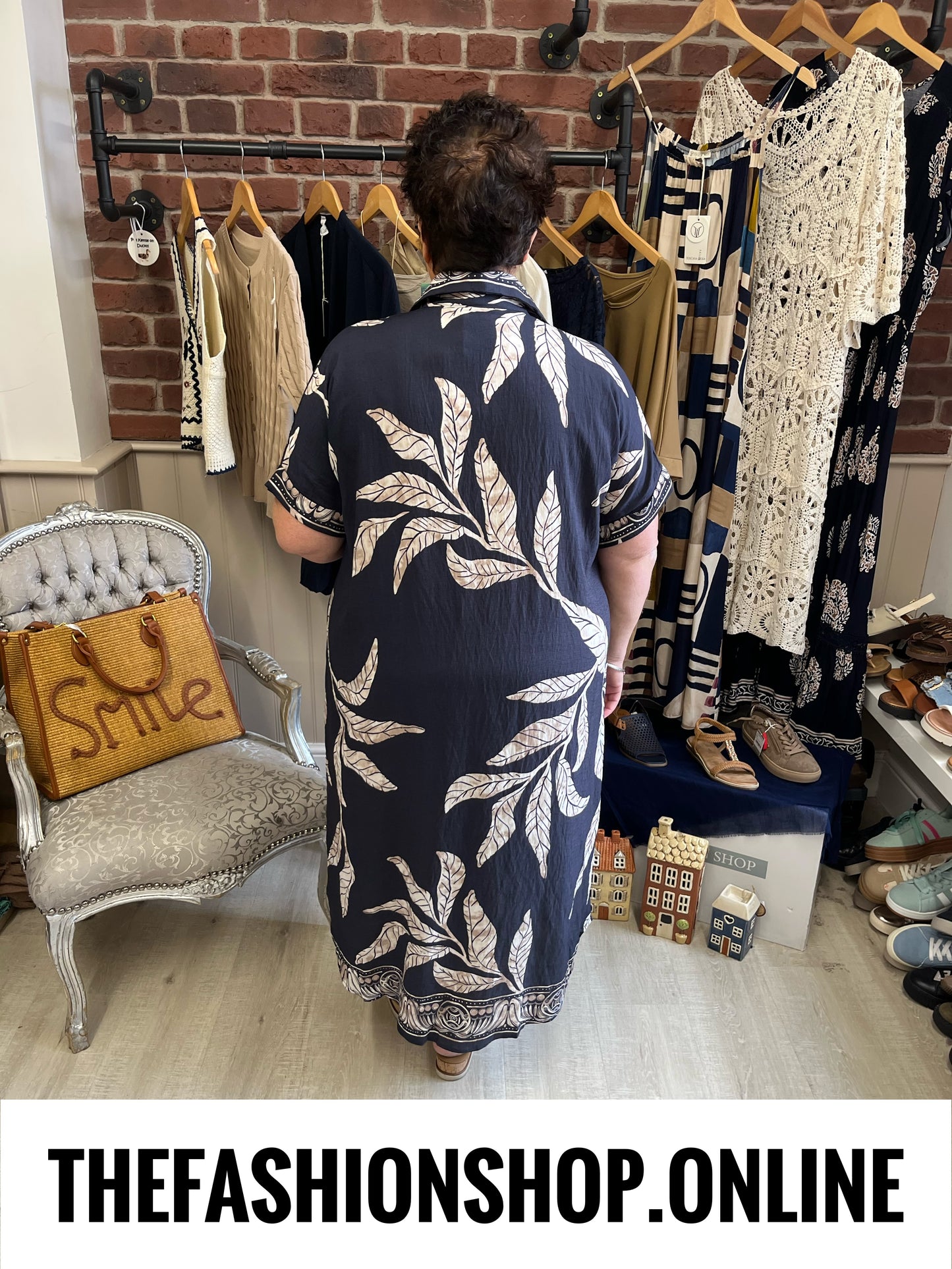 Hannah navy leaves linen mix dress 14-22