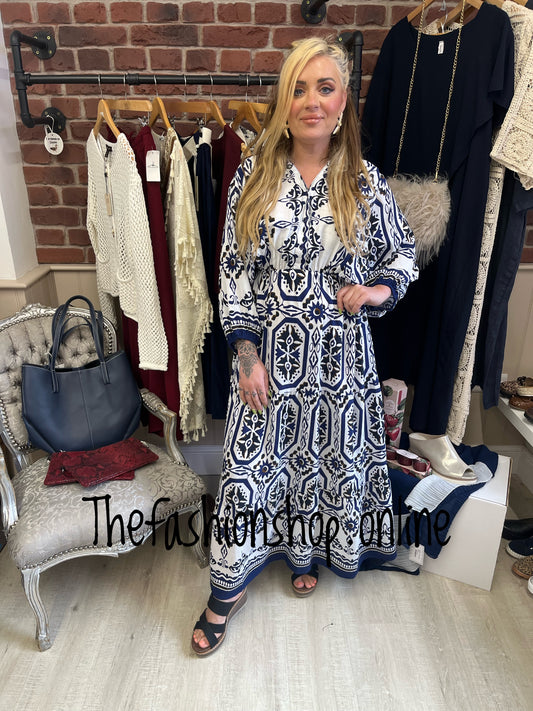 Wendy navy mosaic print smock maxi dress 8-14