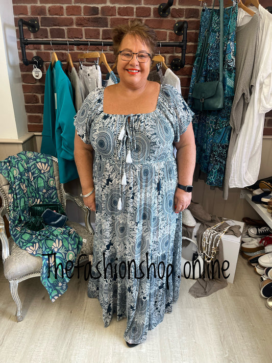 Ebony navy and cream tassel dress 10-14, 16-18 and 20-24
