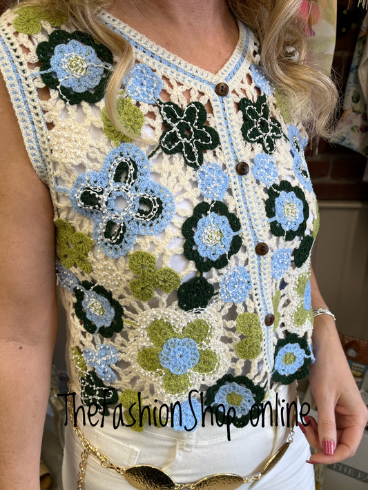 Margot blue and green crochet embellished waistcoat 8-12