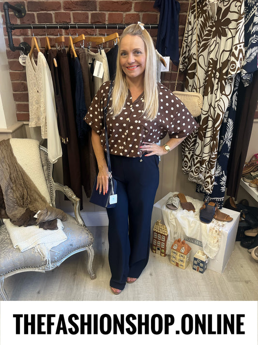 Lucy brown polka dot linen mix blouse 10-16