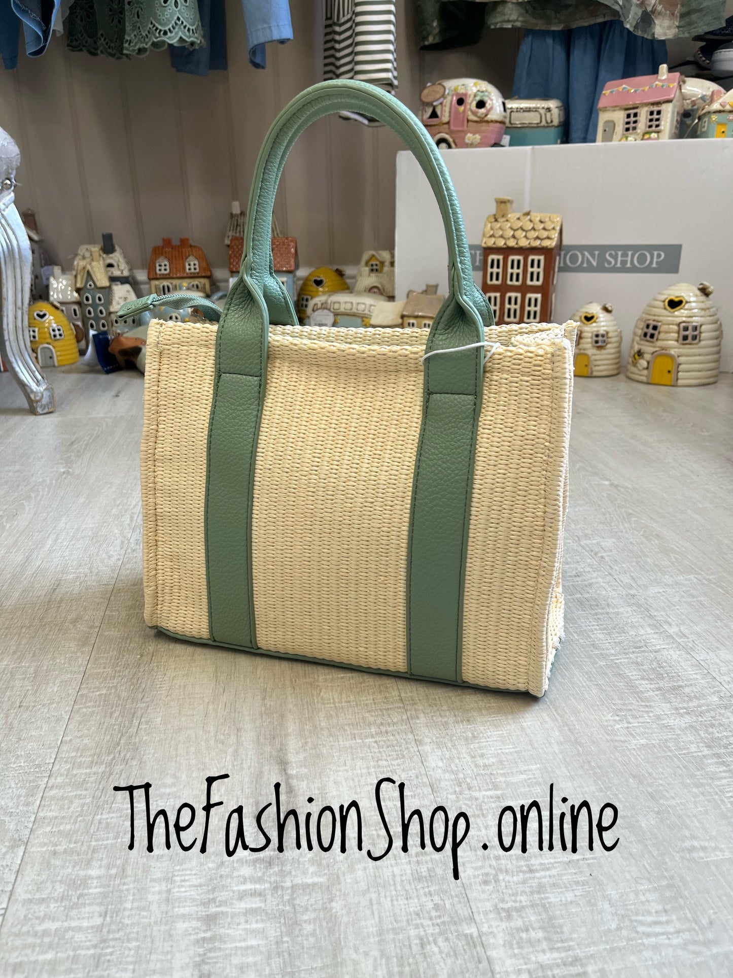 St Tropez small summer bag in cream with khaki