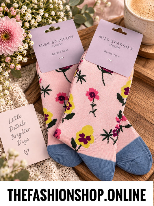 Miss Sparrow Dusky Pink Botany Study Bamboo socks 3-7