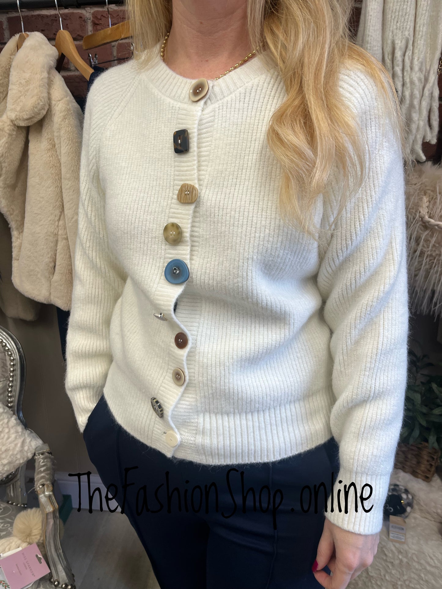 Wonky button cardigan in cream 8-14