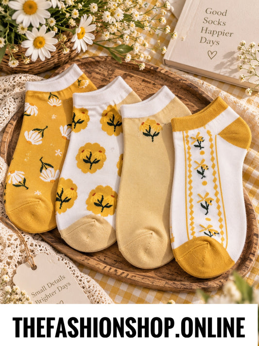 Zelly 4 pack mustard floral trainer socks 3-7