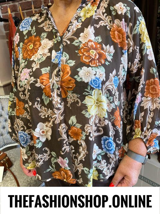 Evangeline brown sheer floral blouse 10-18