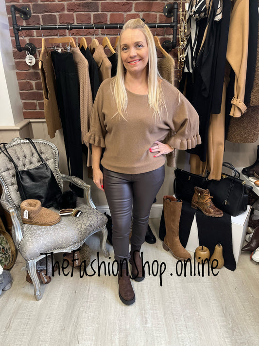 Tess camel jumper with frill sleeve 8-14
