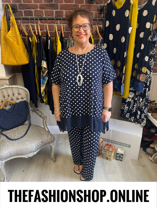 Luna navy polka dot chiffon hem top 14-20