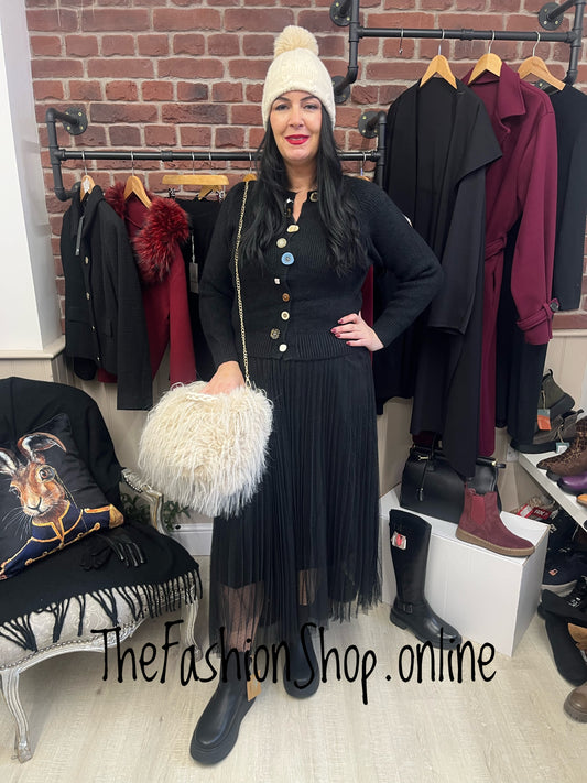 Wonky button cardigan in black 8-14