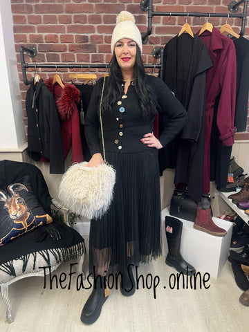 Wonky button cardigan in black 8-14