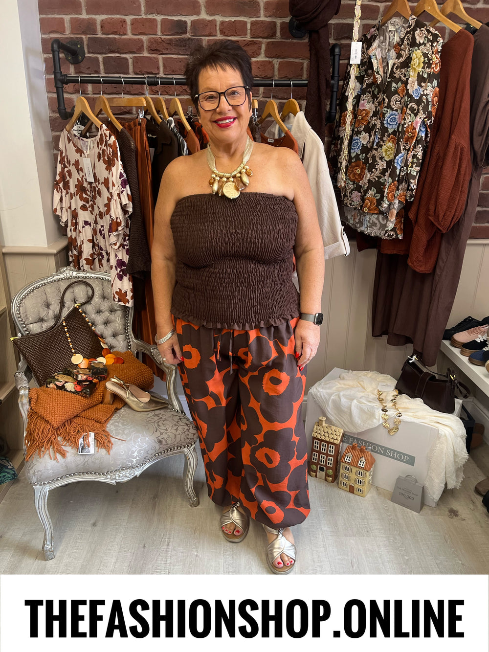 Libby cinnamon and brown floral balloon trousers 10-18