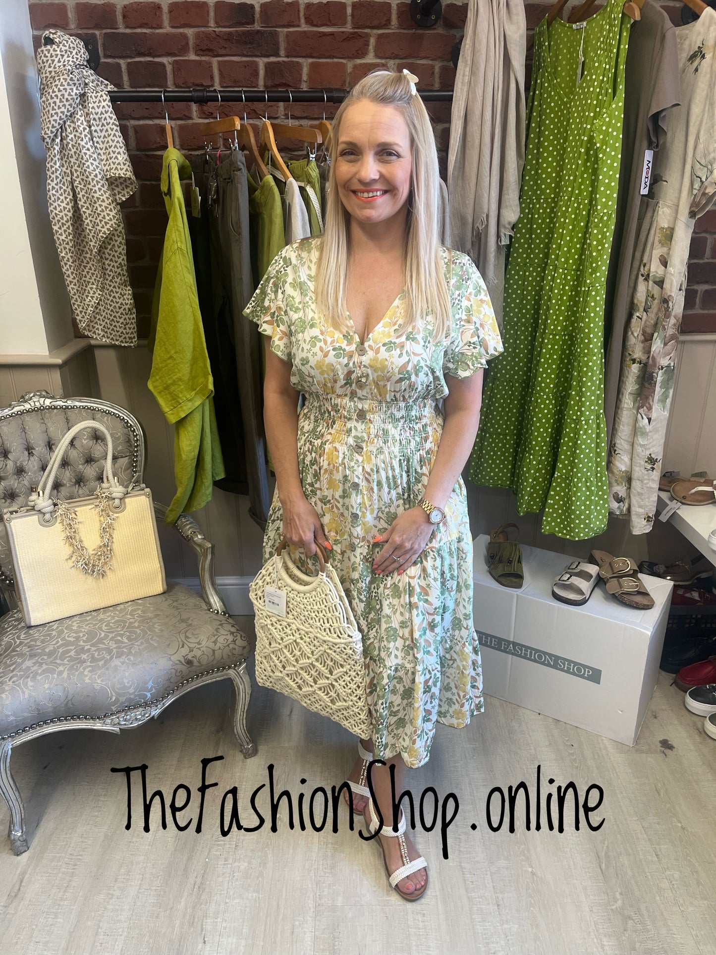 Harmony Yellow and Green Floral Midi V Neck Dress 10-18