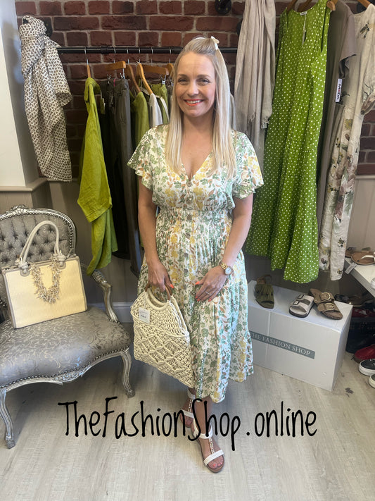 Harmony Yellow and Green Floral Midi V Neck Dress 10-18