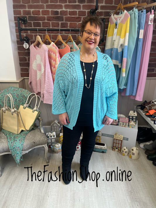 Evie turquoise crochet edge to edge cardigan 16-22