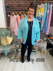 Evie turquoise crochet edge to edge cardigan 16-22