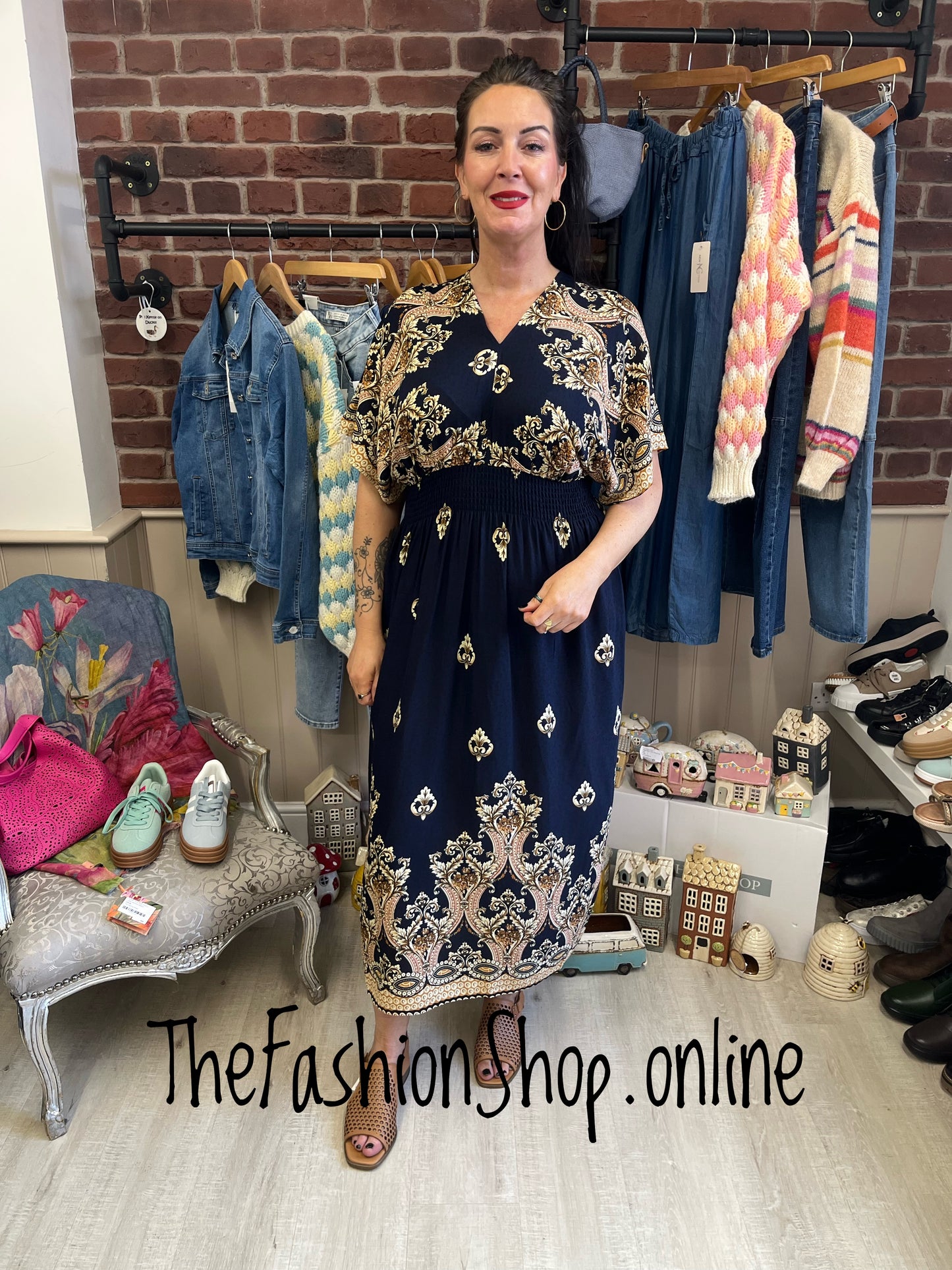 Maria navy and gold dress sizes 10-12, 14-16 and 18