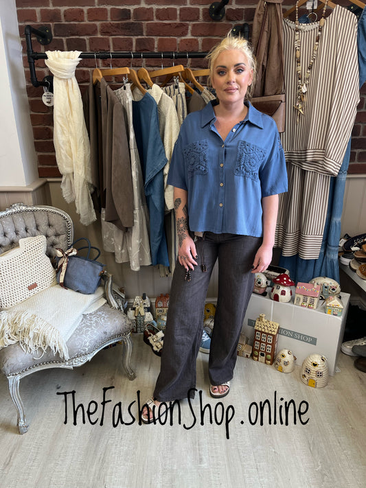 Jackie denim blue linen mix shirt 10-12 and 14-16