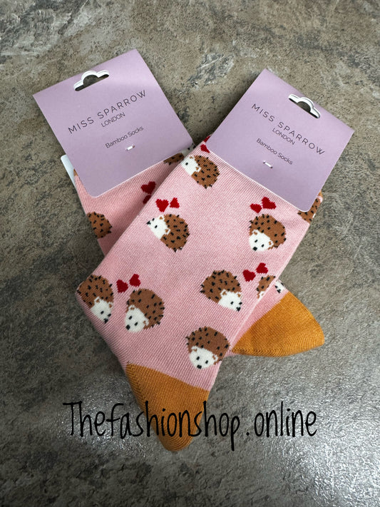 Miss Sparrow Dusky Pink Hearts and Hedgehogs Bamboo socks 3-7