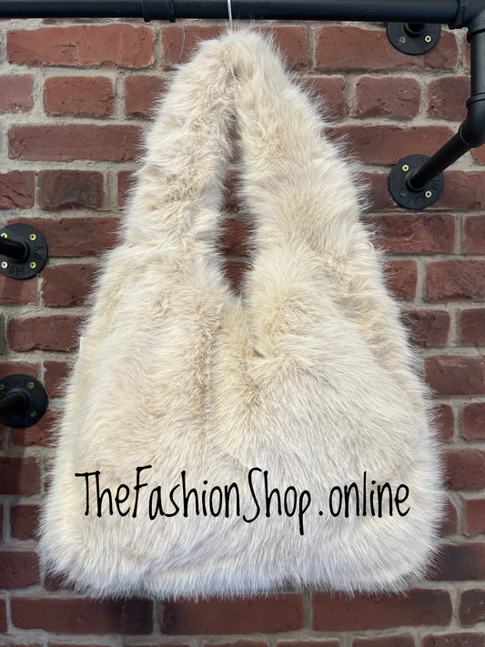 Harlow beige faux fur shoulder bag