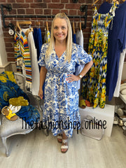 Nicola royal blue and white palm dress 10, 12, 14 and 16