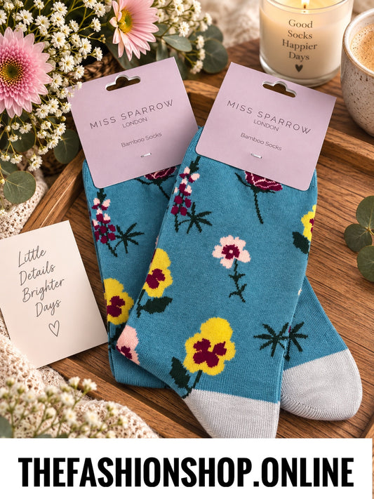 Miss Sparrow Teal Botany Study Bamboo socks 3-7