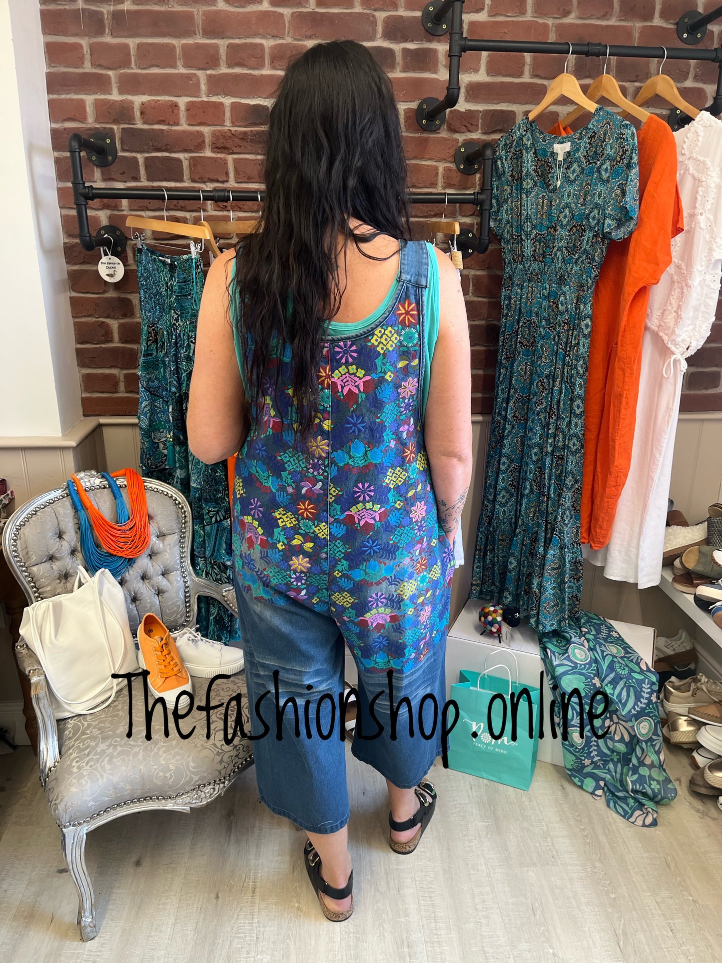Fly out denim floral dungarees 12-18
