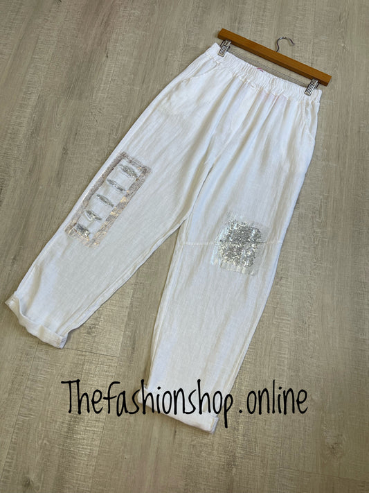 White linen mix sparkle trousers 8-14