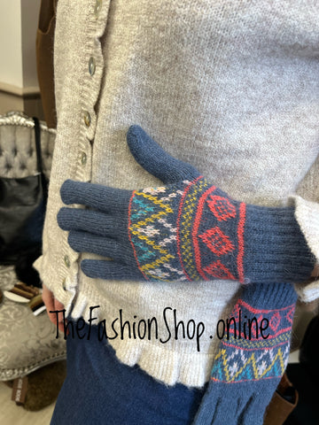 Denim blue geo print wool and angora mix gloves
