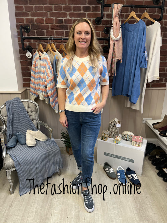 Orla peach, blue and cream argyle knitted top 8-14