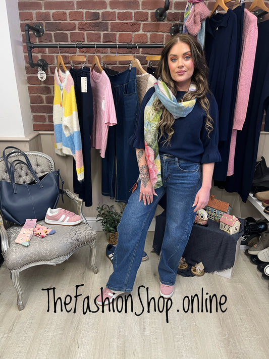 Tess navy jumper with frill sleeve 8-14