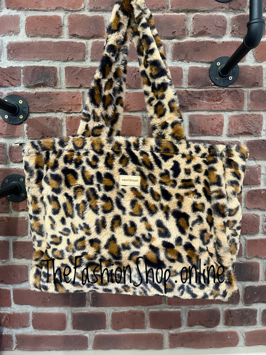 Dixie camel faux fur leopard print tote bag