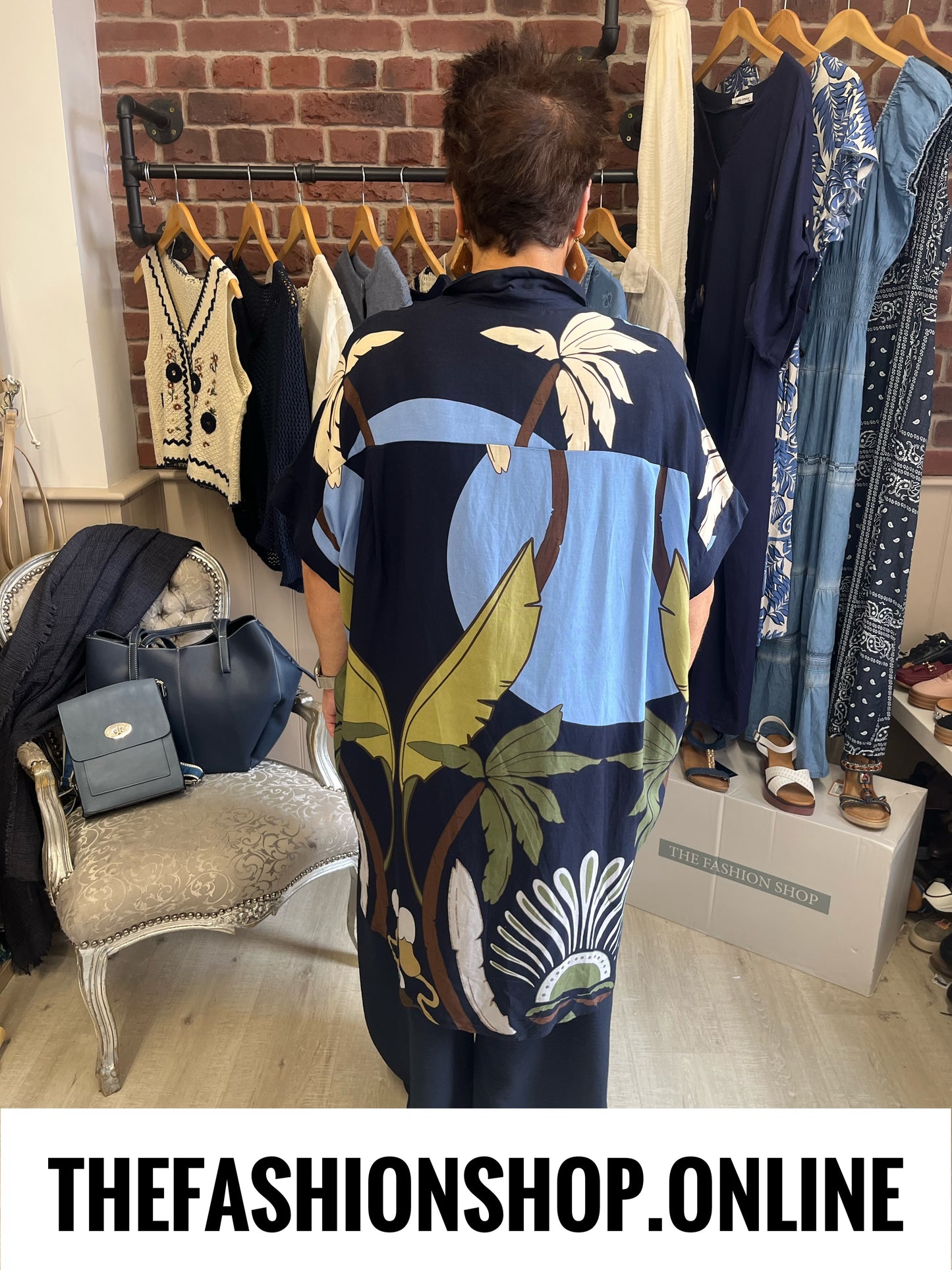 Fly Out Scenic Palm Tree Linen Mix Shirt in Navy 12-18