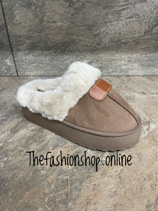 Brown faux fur trim slippers sizes 3-8 (36-41)