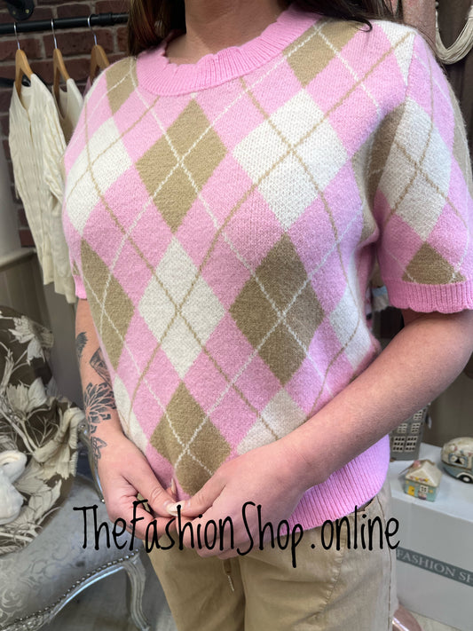 Orla pink, camel and cream argyle knitted top 8-14
