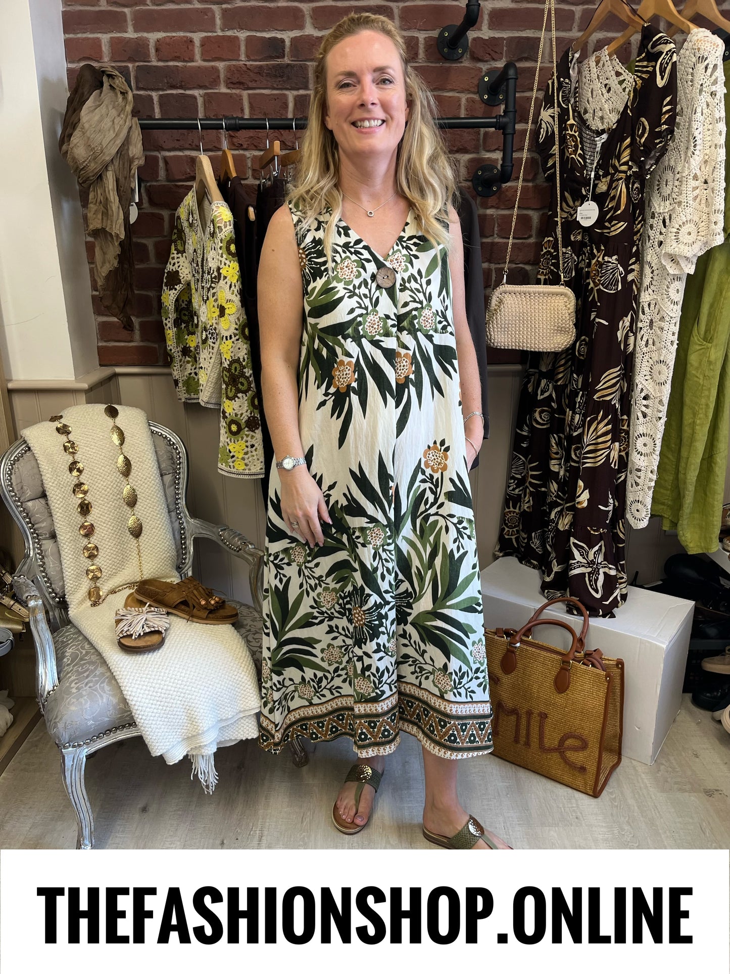 Jillian khaki and cream printed dress 10-16