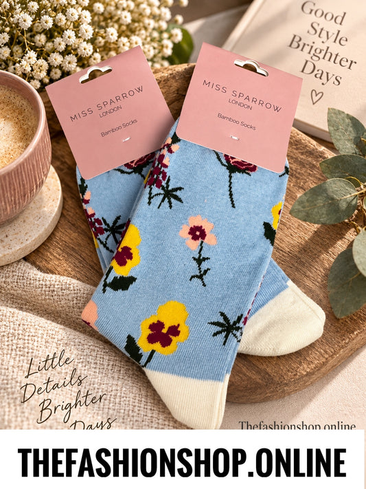 Miss Sparrow Powder Blue Botany Study Bamboo socks 3-7