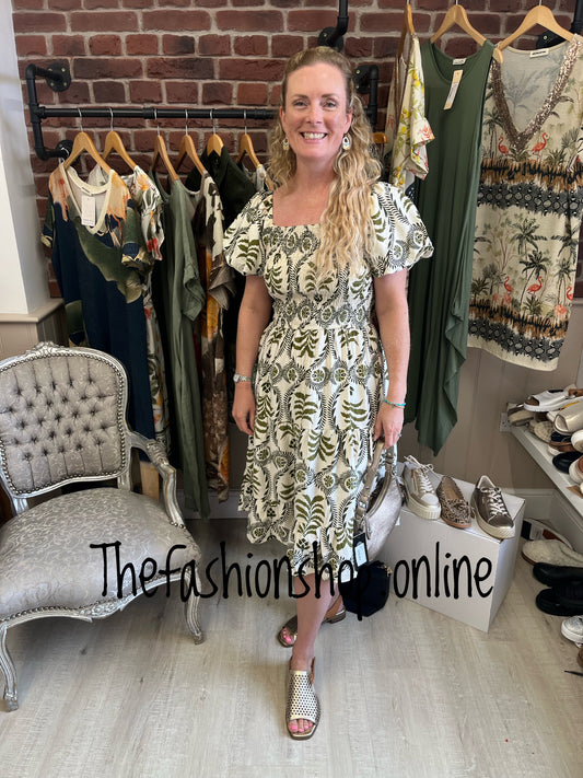 Darcy khaki and cream midi dress sizes 8, 10 and 12
