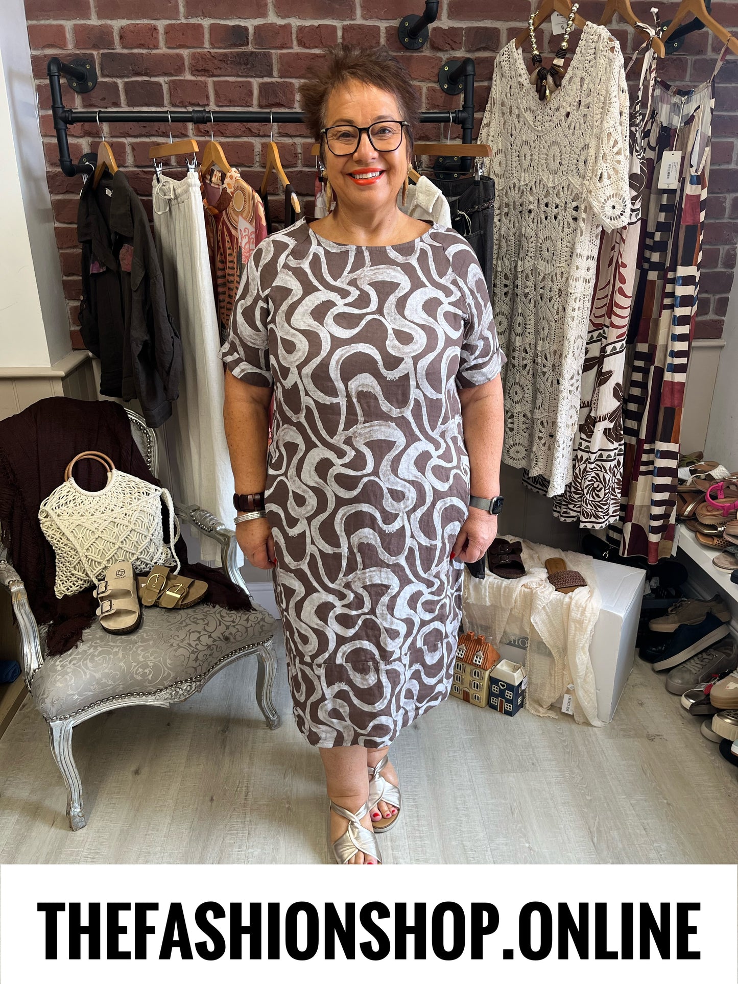 Edith brown linen swirl dress 10-16