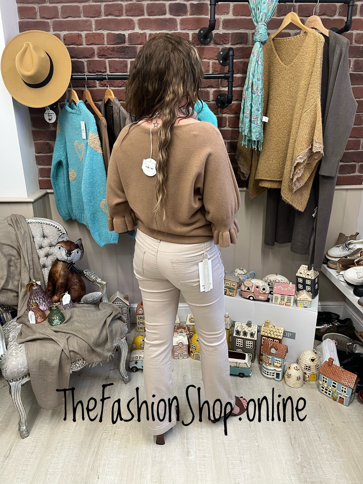 Tess camel jumper with frill sleeve 8-14