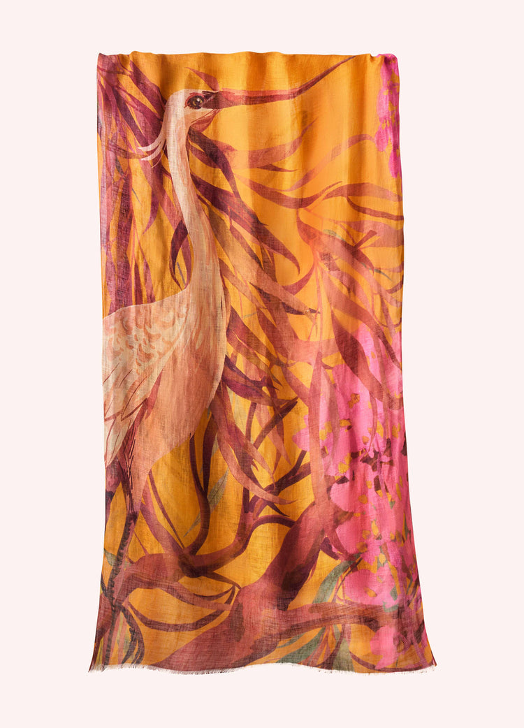 Powder Oriental Crane Design Scarf in cotton and linen