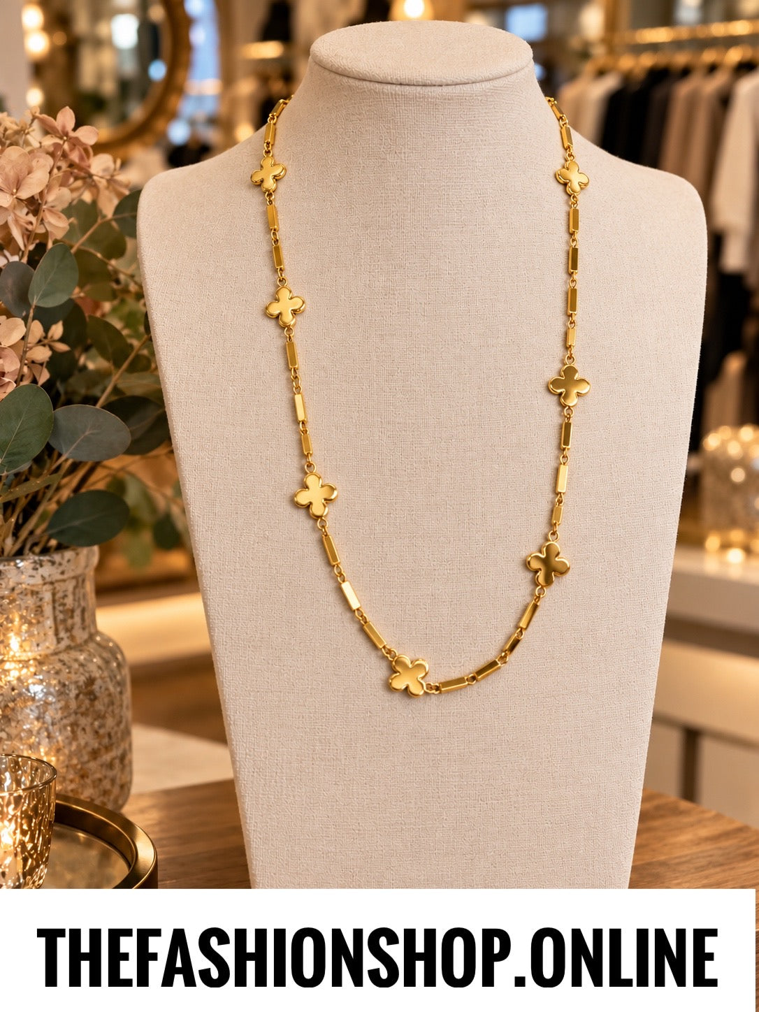 Envy long gold clover and bar necklace