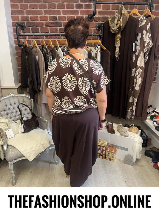 Hannah brown boho print linen mix top 12-18