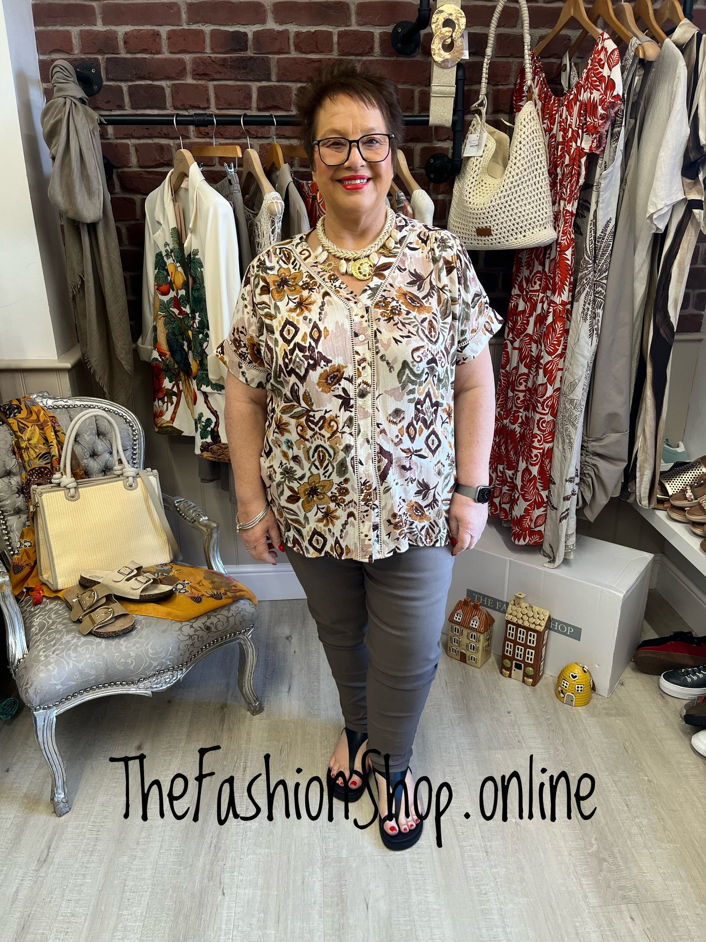 Naomi brown and khaki printed shirt sizes 12, 14 , 16 and 18