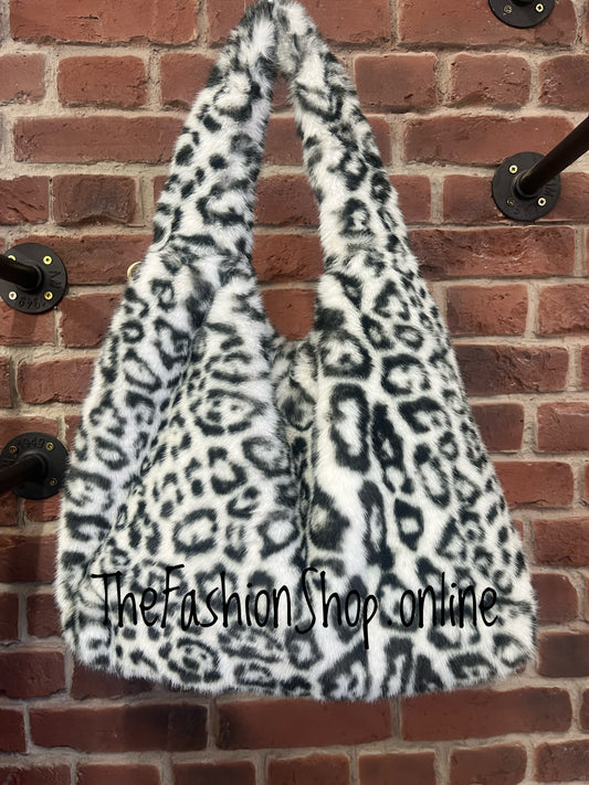 Harlow White leopard print faux fur shoulder bag