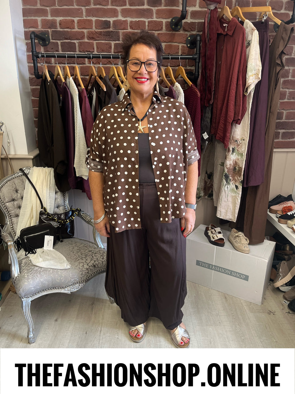 Norah brown polka dot linen mix blouse 14-20