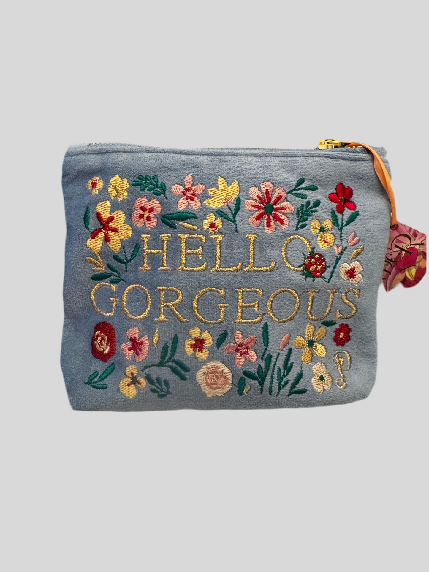Powder Velvet Embroidered Mini Pouch with Hello Gorgeous Cosmetic Bag